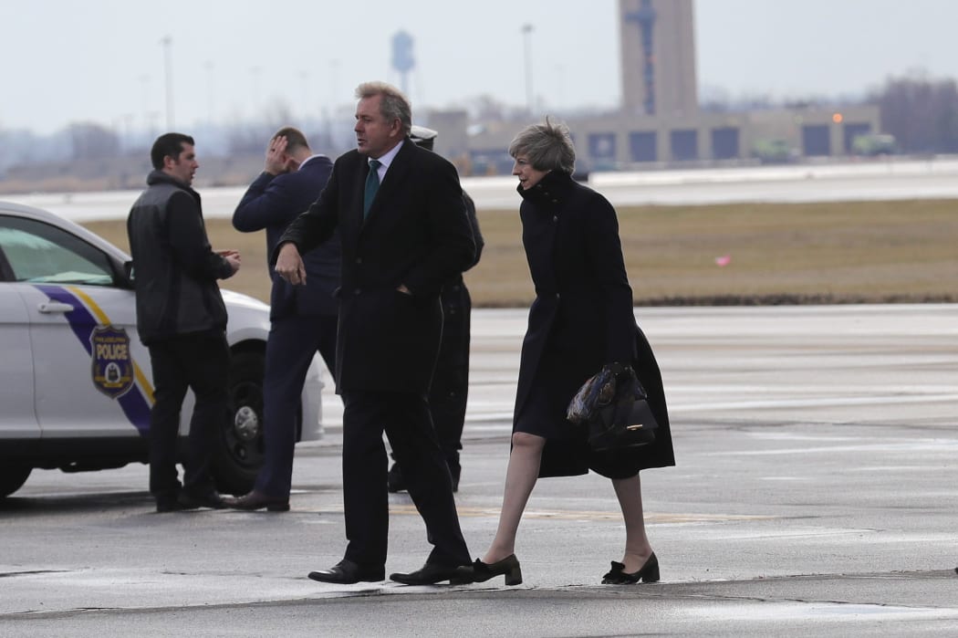 Theresa May, right, arriving in Philadelphia for her two-day visit to the United States.