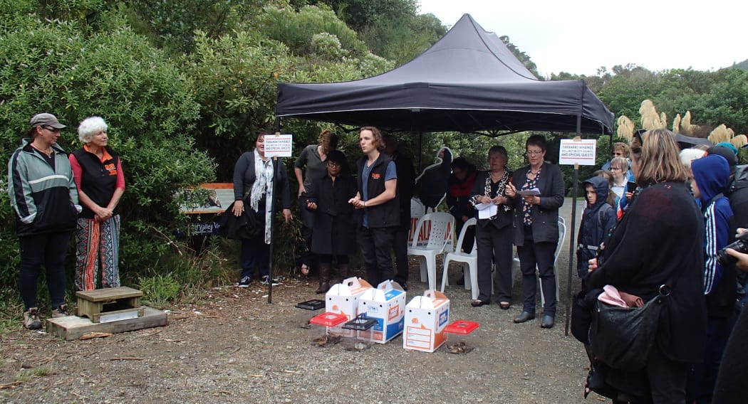 People gathered under a small marquee - cat travel boxes on the path in front hold the transferred skinks