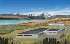 Mt Cook Alpine Salmon land-based farm concept illustration.