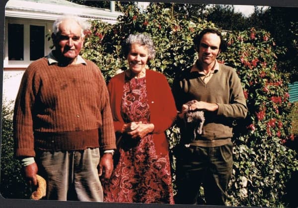 Stuart, Jessie and John Harvey, outside the old shearer's quarters at Daisybank farm.