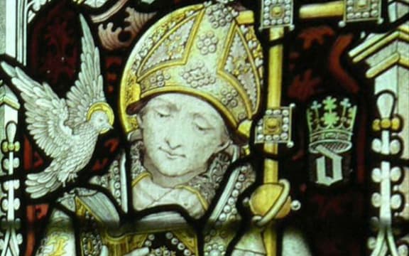 Stained glass window in Jesus College Chapel, Oxford, showing St David. Late 19th century.