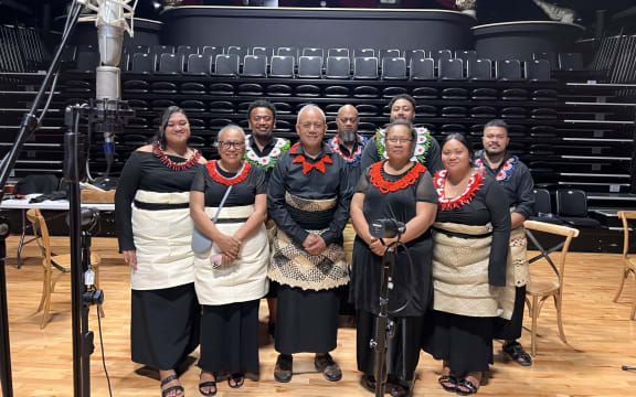 Members of the Ocean Star Fetu'u Moana Academy choir record traditional Tongan songs at Te Puna Creative Hub in West Auckland.