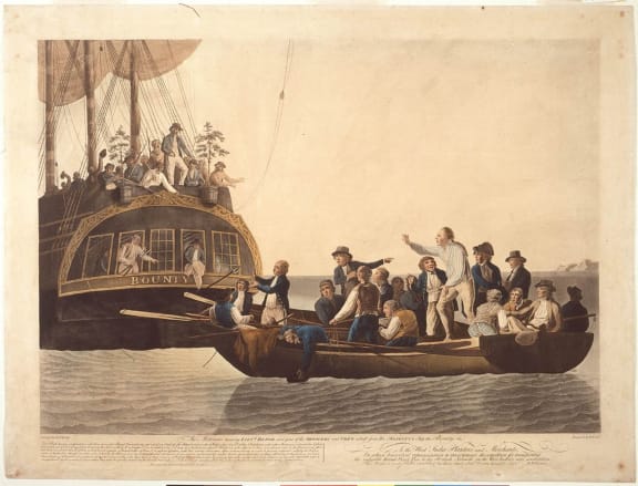The Mutineers turning Lt Bligh and part of the Officers and Crew adrift from His Majesty's Ship the Bounty, 29th April 1789 by the artist Robert Dodd
