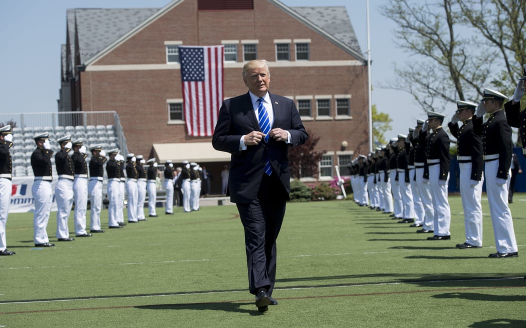 US President Donald Trump arrives at the US Coast Guard Academy Commencement Ceremony in New London, Connecticut.