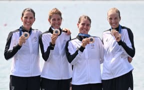 Jackie Gowler (bow), Phoebe Spoors (2), Davina Waddy (3), and Kerri Williams, (stroke). Women’s Coxless Four (Bronze medal) of New Zealand during the Olympic rowing finals at Vaires-sur-Marne Nautical St. - Flatwater, Paris, France on Thursday 1 August 2024. 
2024 Paris Olympic Games.
Photo credit: Steve McArthur / www.photosport.nz