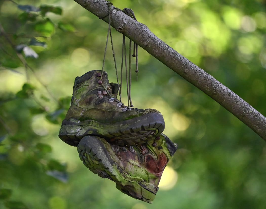 03 October 2020, Brandenburg, Müncheberg: A pair of old walking shoes are hanging from a tree in a forest. Photo: Patrick Pleul/dpa-Zentralbild/ZB (Photo by PATRICK PLEUL / dpa-Zentralbild / dpa Picture-Alliance via AFP)
