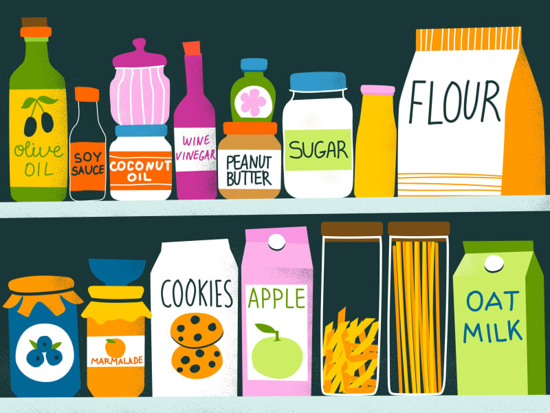 Illustration of various pantry items on shelfs.