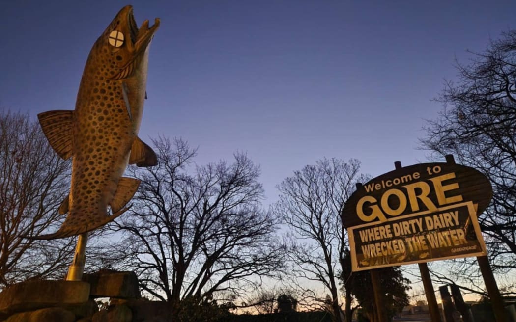 Gore's iconic brown trout statue and welcome sign were defaced overnight.