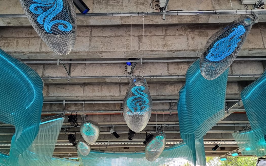 The interactive art installation 'Waimahara' by Graham Tipene fills what used to be a dingy underpass below Mayoral Drive.