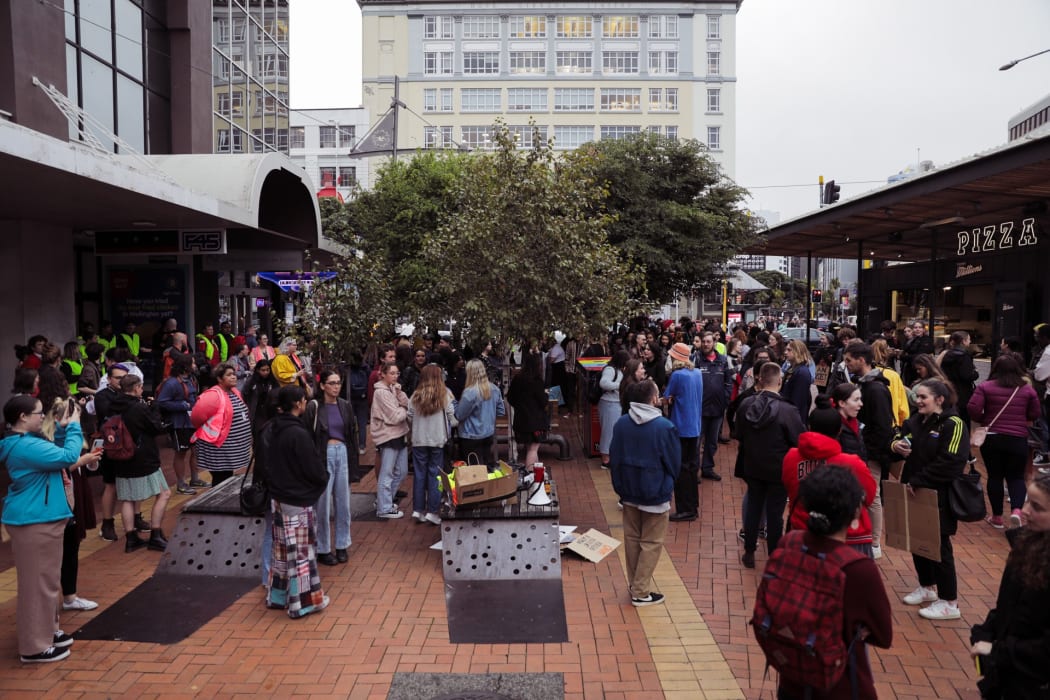 People gathered on Courtenay Place in Wellington to rally against sexual violence.