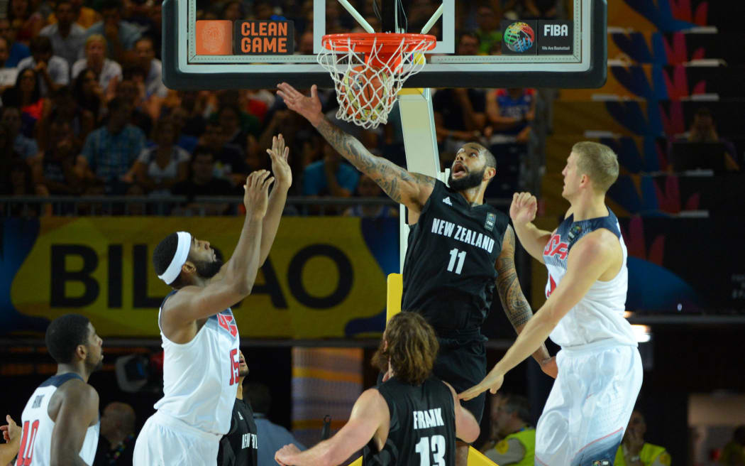 Tall Black BJ Anthony in action against USA at 2014 World Cup.