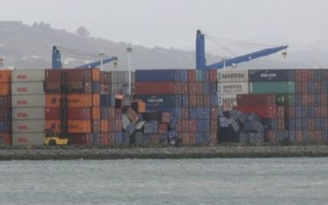 Containers have toppled over in strong winds in Centreport, on Wellington harbour.