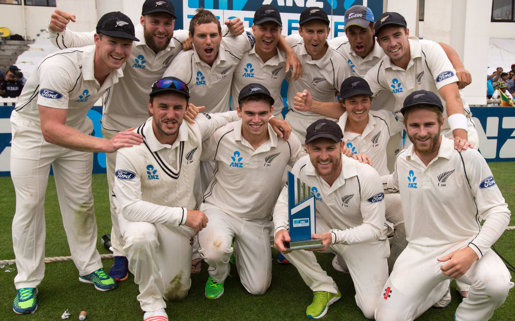 Black Caps celebrate the test series win over Sri Lanka.