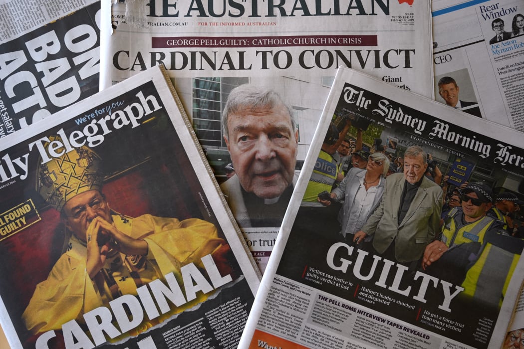 This photo illustration shows the front pages of Australia's major newspapers reporting the conviction of Cardinal George Pell in Sydney on February 27, 2019, after suppression orders were lifted.