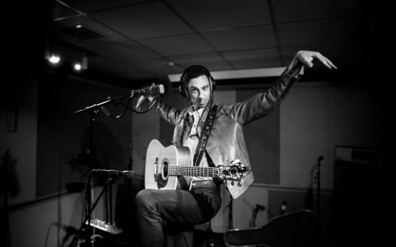 Musician Stan Woodhouse, aka Skyscraper Stan, in the RNZ Auckland studios. 2 November 2017.
