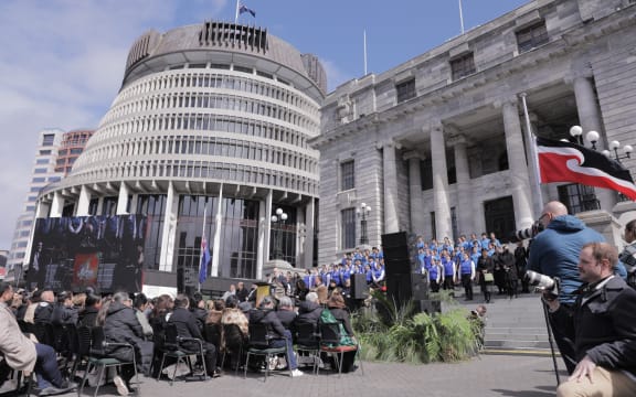 Crowds gathered outside Parliament in Wellington on 14 September, to marks 50 years since the Māori Language Petition was presented to Parliament.