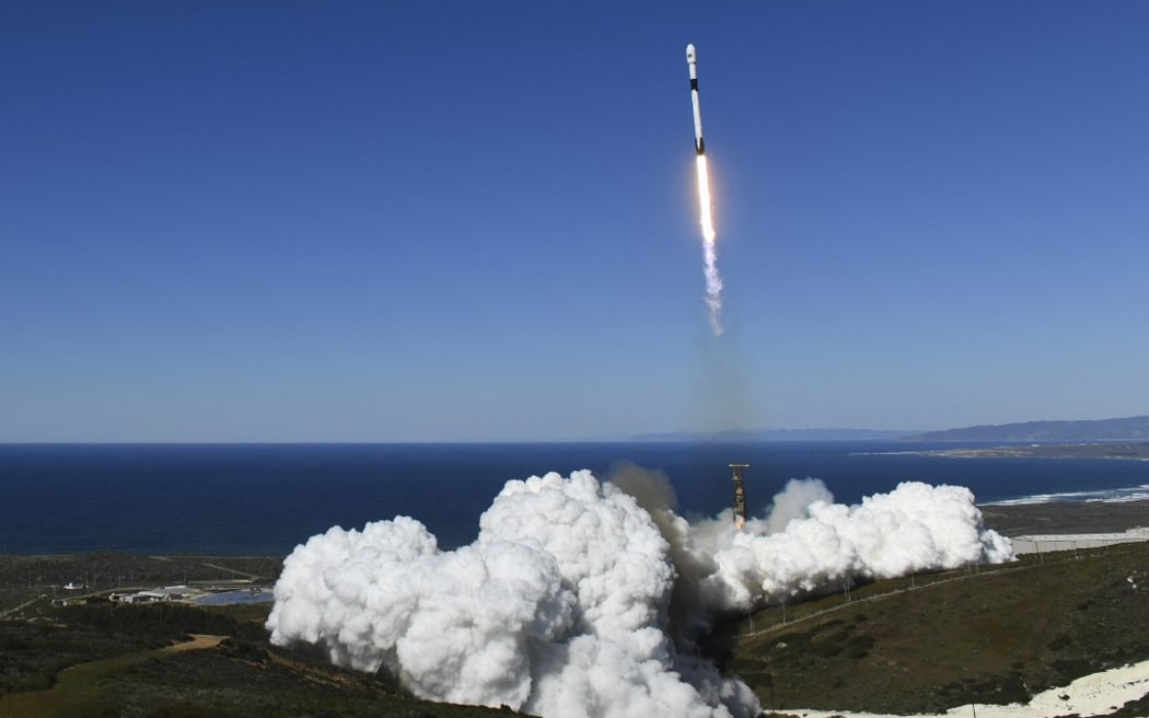 A SpaceX (Space Exploration Technologies Corp.) Falcon 9 rocket with the NROL-87 spy satellite payload for the National Reconnaissance Office launches from the SLC-4E launch pad at Vandenberg US Space Force Base on February 2, 2022 in Lompoc, California. (Photo by Patrick T. FALLON / AFP)