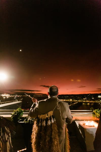 Tohunga Paraone Gloyne looks to the stars during the hautapu ceremony.