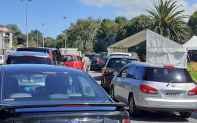 A long line of cars, many with children, queued for testing in the grounds of Whanganui Hospital yesterday.