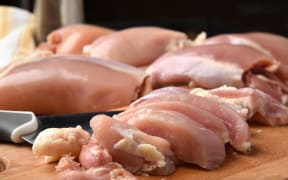 A closeup of fresh chicken meat on a wooden board.