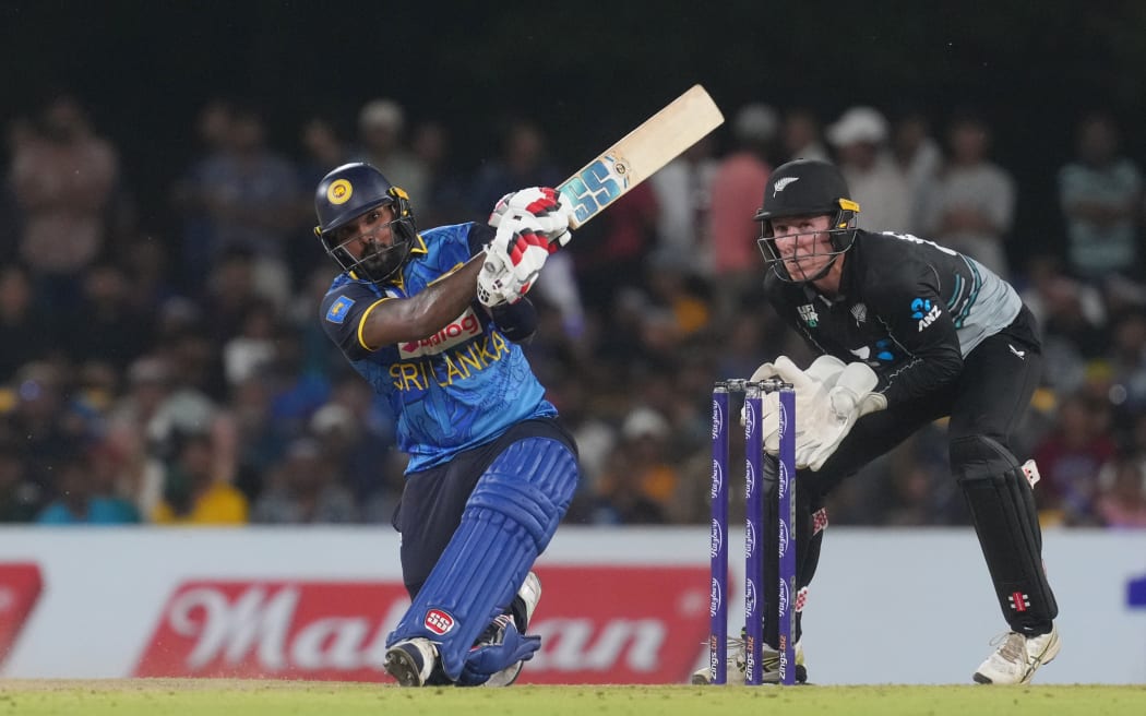 Wanindu Hasaranga of Sri Lanka plays a shot during the first T20 against the Black Caps in Dambulla.