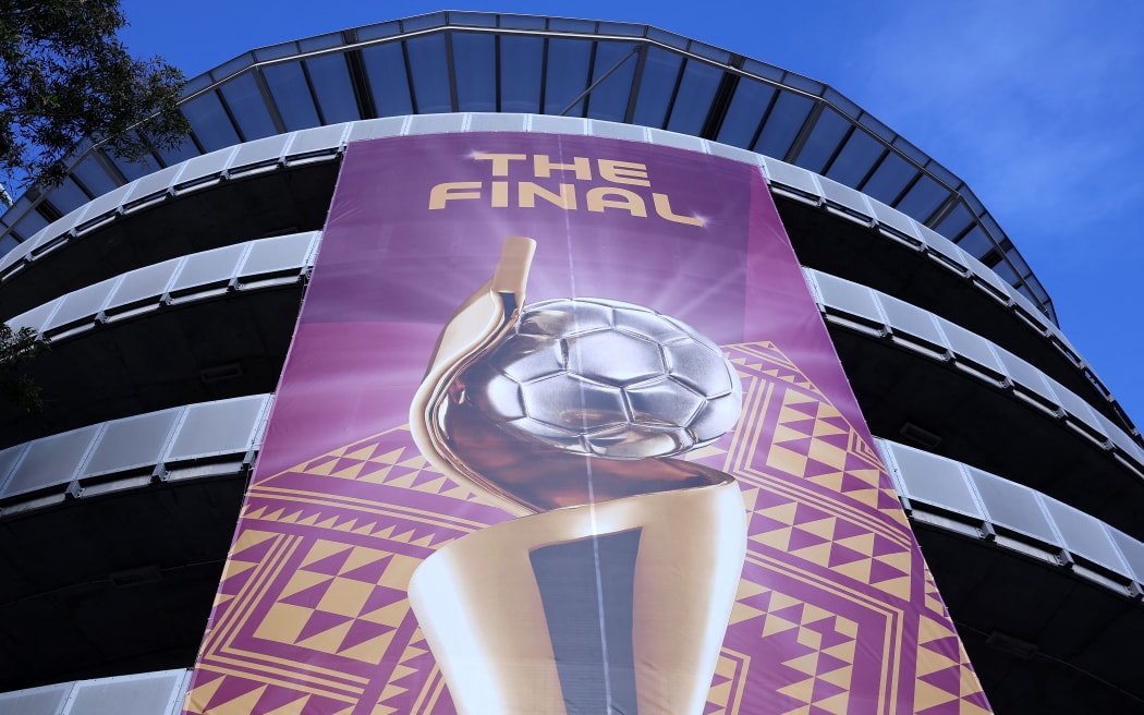 A banner promoting the final of the Australia and New Zealand 2023 Women's World Cup is displayed at Stadium Australia in Sydney on August 19, 2023, on the eve of the football tournament's final match between Spain and England. (Photo by FRANCK FIFE / AFP)