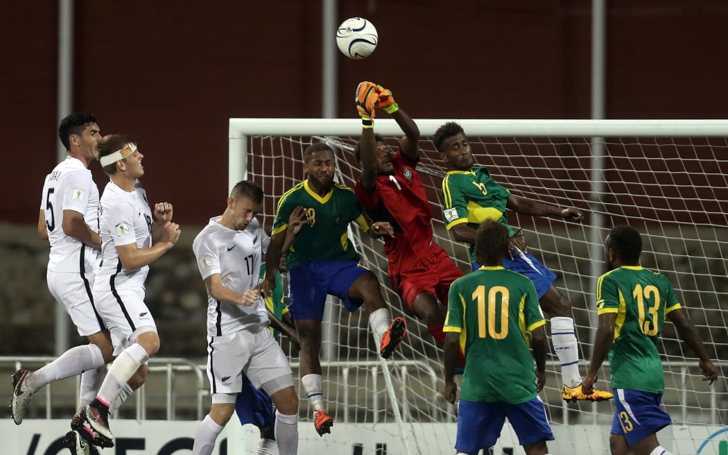 The All Whites on attack in their final pool game against Solomon Islands which they won 1-nil.
