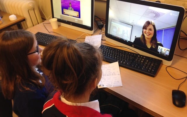 Students Neva Bertram and Iris Gallagher interviewing Kelsey Brown from the Office of the Children’s Commissioner to research their app, G.I.R.L.S.