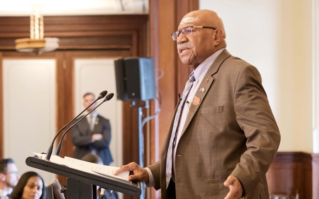 Sitiveni Rabuka, left, at the Lowy Institute event in Canberra.
