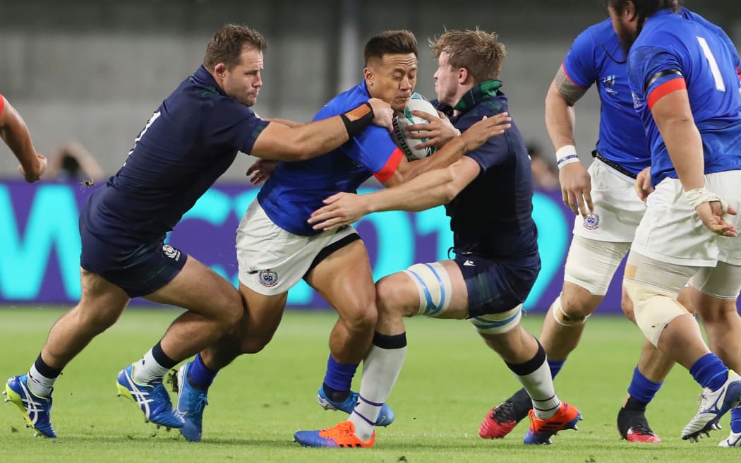 Samoa fullback Tim Nanai-Williams tries to make a line-break during the first half of Scotland v Samoa, Rugby World Cup 2019 at Kobe MIsaki Stadium, Hyogo, Japan. 30th September 2019. Copyright Image: Kenji Demura / www.photosport.nz