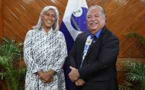 PIF secretary-general Baron Waqa with Ambassador of France to the Pacific Véronique Roger-Lacan at the Pacific Islands Forum Secretariat in April 2025.