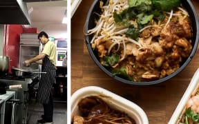 A composite image. On the left, a picture of Geoffrey cooking in the Fan Tong kitchen. On the right, some plates of food from Fan Tong.