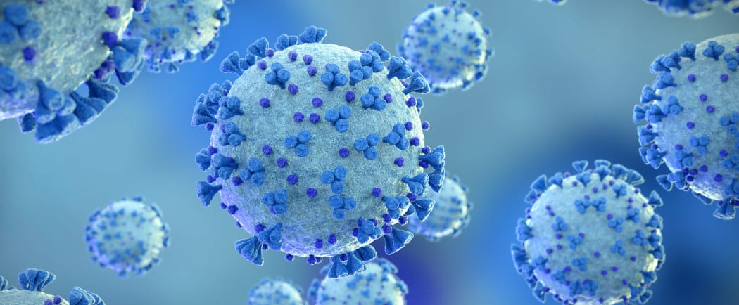 Microscopic close-up of the covid-19 disease. Blue Coronavirus illness spreading in body cell. 2019-nCoV analysis on microscope level 3D rendering