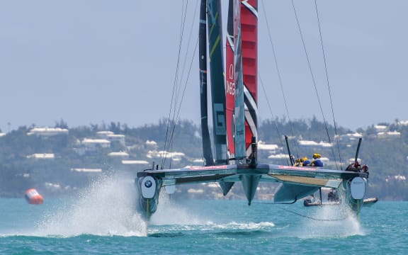Emirates Team New Zealand skippered by Peter Burling during the Louis Vuitton Americas Cup Qualifiers, Day 4 of racing in The Great Sound of Hamilton, Bermuda on May 30th, 2017.