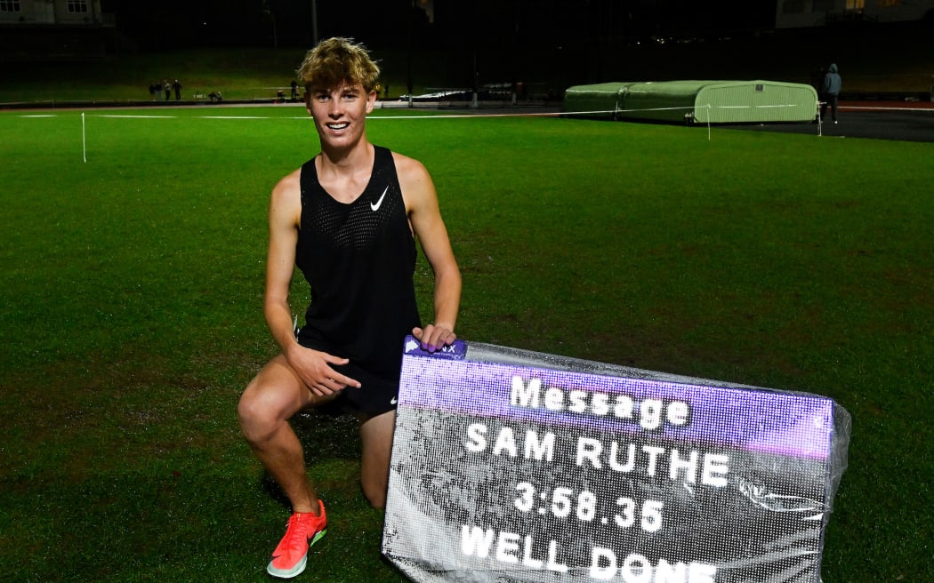 15 yr old track athlete Sam Ruthe becomes the youngest person ever to break the magic 4 minute mile barrier. Wednesday night at Mt Smart Stadium 19 March 2025.