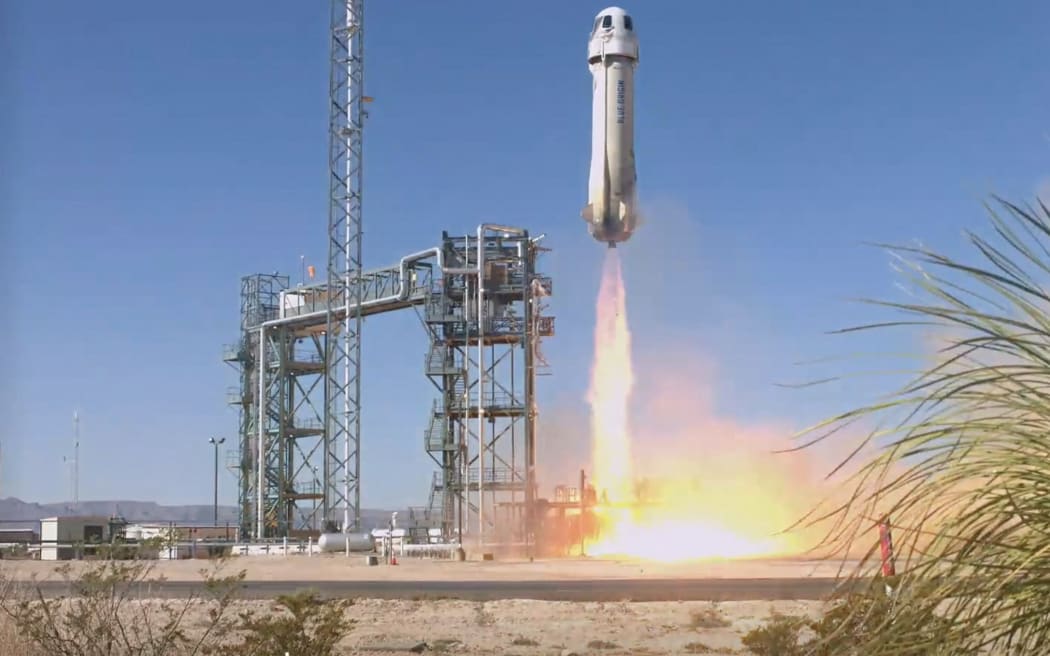 Blue Origin's Mission NS-25 New Shepard 4 rocket and crew capsule, taking off from the Blue Origin base near Van Horn, Texas, on 19 May, 2024.