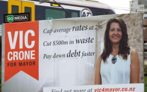 One of the billboards for Auckland mayoral candidate Vic Crone that has been taken down near Parnell.