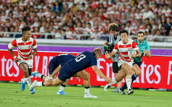 Kenki Fukuoka and Kotaro Matsushima of Japan during the 2019 Rugby World Cup Pool A match between Japan and Scotland at International Stadium Yokohama in Kanagawa, Japan on October 13, 2019.