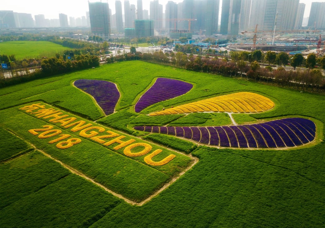 The 19th Asian Games logo is displayed near the under-construction venues in Hangzhou in China's eastern Zhejiang province.