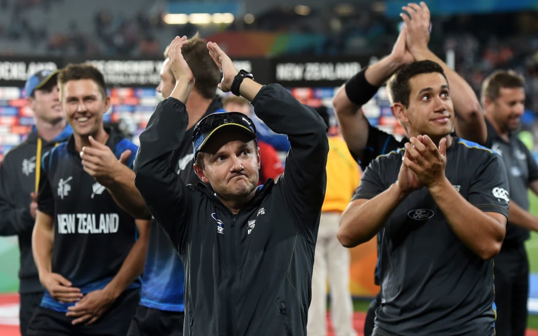 The Black Caps celebrate their nailbiting World Cup semi final win over South Africa at Eden Park.
