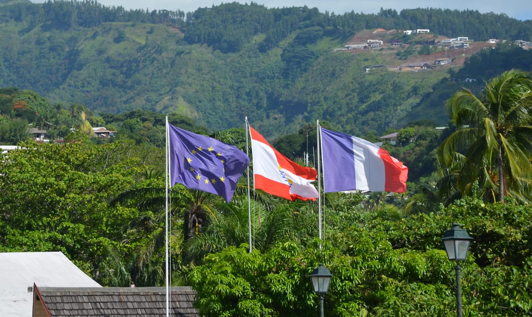 220414. Photo RNZ. French Polynesia. Flags at territorial assembly in French Polynesia
