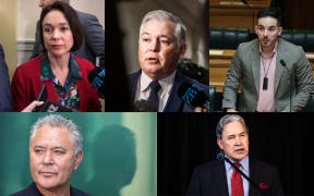 Labour's Ginny Andersen, National's Mark Mitchell, Greens' Ricardo Menéndez-March, Te Pāti Māori's John Tamihere and New Zealand First's Winston Peters.