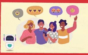 An illustration of four young people smiling and sharing online content.