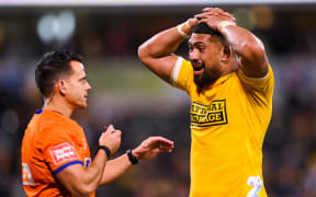 Ardie Savea of Hurricanes reacts after not being awarded a try in the quarterfinal against the Brumbies in Canberra- 10/6/23