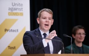 07102021 PHOTO: ROBERT KITCHIN/STUFF
L-R:  
Covid response minister Chris Hipkins, and Director of Public Health Dr Caroline McElnay  brief the public in the daily 1pm Covid Update at Parliament.
