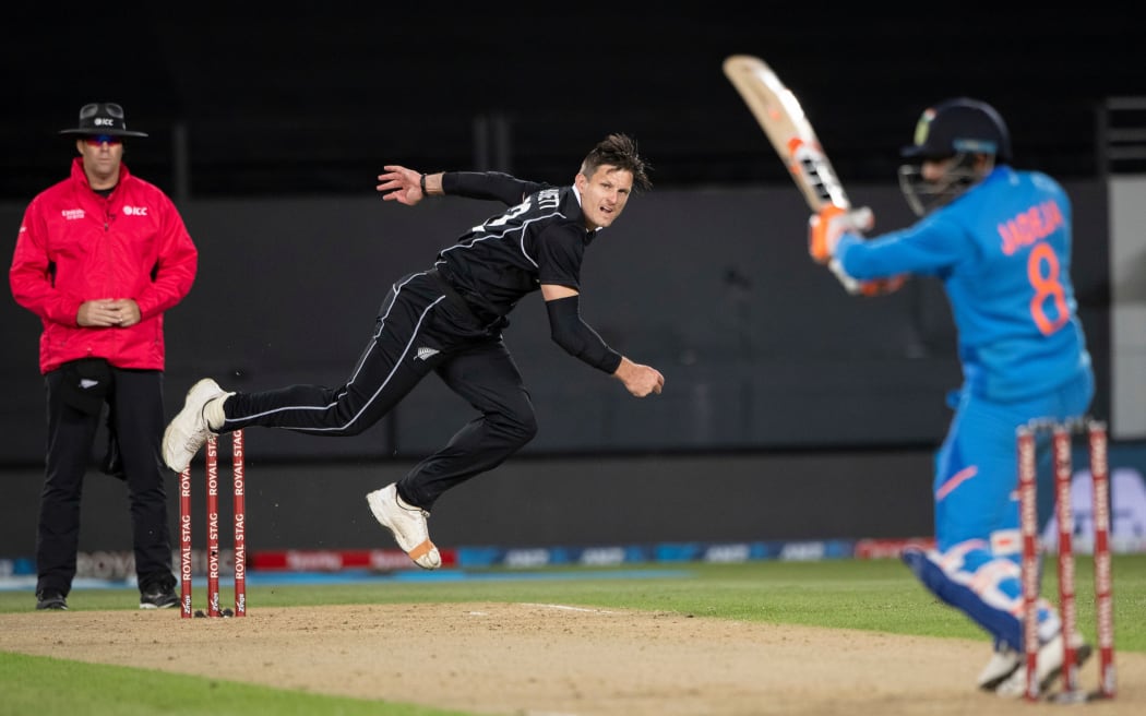 Black Caps bowler Hamish Bennett bowls to India's Ravindra Jadeja  - New Zealand Black Caps v India. 2nd One Day International cricket match. Eden Park.