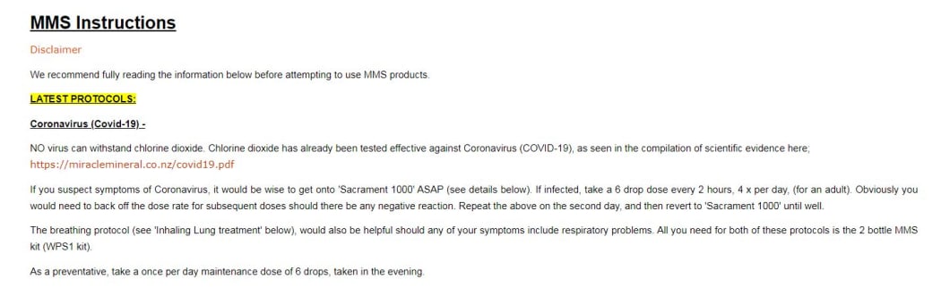 A screengrab of the Miracle Mineral Solution website's Covid-19 instructions