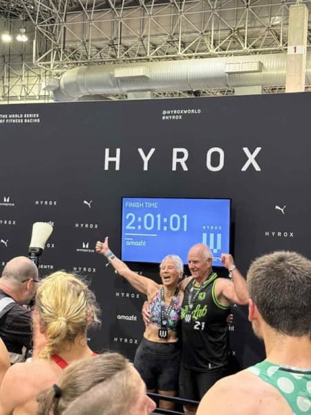 Sophia and Bob Warren finish Hyrox World Championships in Chicago, 2025, in just over 2 hours.