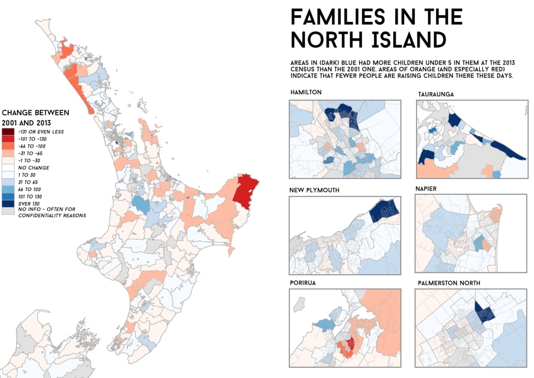 A map showing where young families are in the North Island