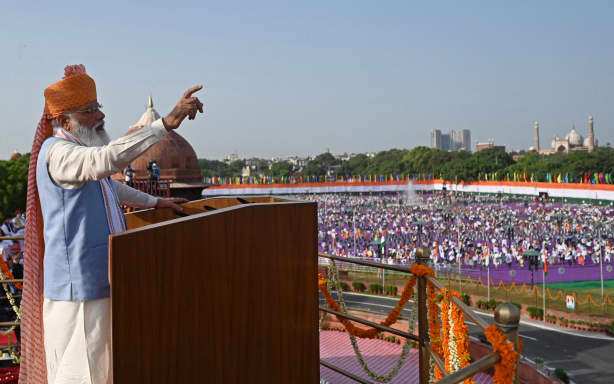 Indian Prime Minister Narendra Modi addresses the nation from the ramparts of the Red Fort during celebrations marking the 75th anniversary of India's independence in New Delhi on August 15, 2021.